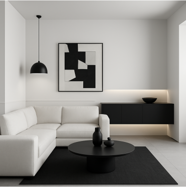 Minimalist Monochrome Minimalist Monochrome Living Room Plan for villa in North Bangalore