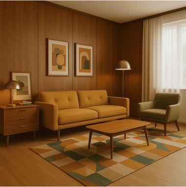 Mid-Century Retro Luxe Organic Stone Sanctuary Living Room for 2 Oakland Estates villa in North Bangalore