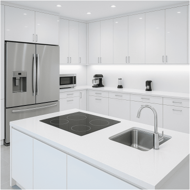 Ultra-Modern High Gloss White Ultra-Modern High Gloss White Kitchen Design for 2 Oakland Estates villa in Devanahalli.