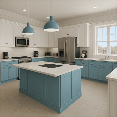 Coastal Blue & White Breeze Coastal Blue & White Breeze Kitchen Design for 2 Oakland Estates villa in Devanahalli.