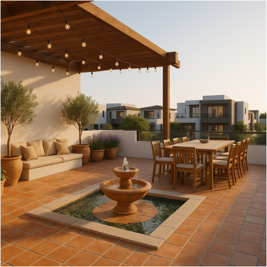 Mediterranean Sun & Stone Terrace Mediterranean Sun & Stone Terrace Design for 2 Oakland Estates villa in Devanahalli.