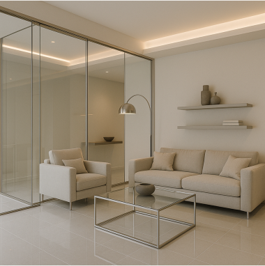 Contemporary Glass & Chrome Contemporary Glass & Chrome Living Room Plan for villa in North Bangalore