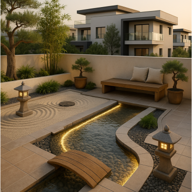 Contemporary Zen Stream Garden Contemporary Zen Stream Garden Terrace Design for 2 Oakland Estates villa in Bangalore