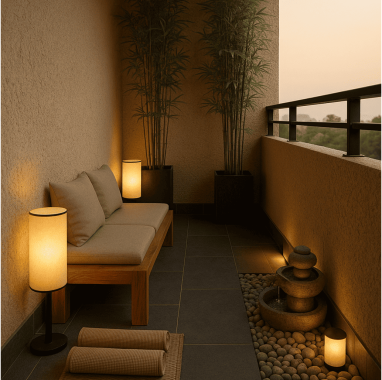 Zen Stone Retreat Premium deck balcony with potted bamboo plants, and a small water fountain for luxury villa in devanahalli