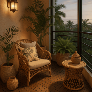 Tropical Bali Corner Cozy villa balcony with warm ambient lighting at sunset at deamante properties