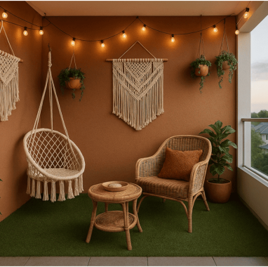 Boho Cozy Balcony Premium look deck balcony with wicker chairs, a hanging swing, macrame wall decor for luxury villa in north bangalore
