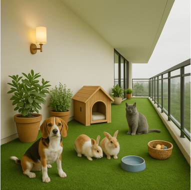 Pet-Friendly Play Balcony Deck balcony with artificial grass, potted plants, in luxury villa at deamante properties.