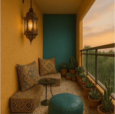 Moroccan Chic Narrow Balcony Luxury villa balcony at deamante properties in North Bangalore with patterned tiles, cozy seating, potted plants, and sunset views.