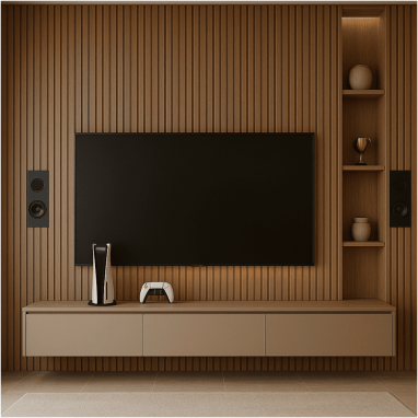 Warm Wood & Linear Slats Spacious private theatre area in a modern villa in North Bangalore