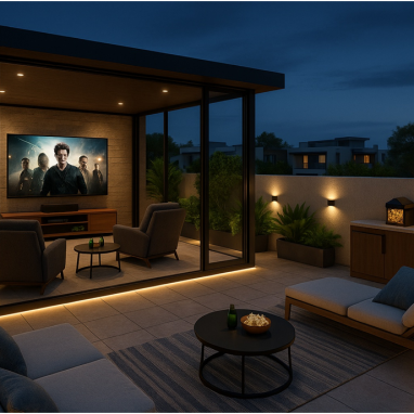 Open-Air Cinema Terrace Fire & Ice Lounge (Luxury Dual-Theme Terrace) Design for 2 Oakland Estates villa in Bangalore.