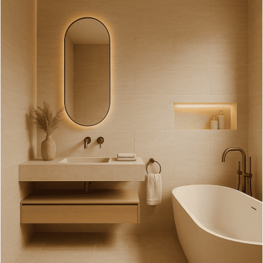 Desert Beige Minimalist Desert Beige Minimalist Bathroom Design for 2 Oakland Estates villa in Bangalore.