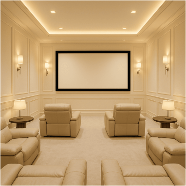 Luxury Lounge Cinema Elegant home theatre with soft lighting and premium recliner seating in luxury villa