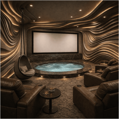 Immersive Acoustic Wave Room Premium villa theatre with artistic wall design and indoor water feature