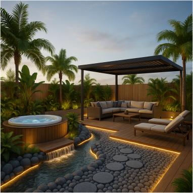 Tropical Water Paradise Terrace Design for 2 Oakland Estates villa in North Bangalore.