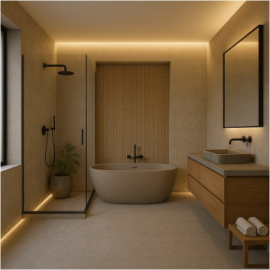Japandi Zen Retreat Spa Bathroom Design for 2 Oakland Estates villa in Bangalore