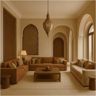 Modern Arabian Elegance Living Room for 2 Oakland Estates villa in North Bangalore.