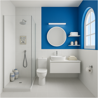 Greek Island White & Blue Bathroom Design for 2 Oakland Estates villa in Bangalore