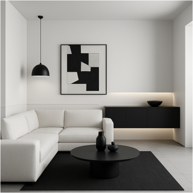 Minimalist Monochrome Living Room Plan for villa in North Bangalore