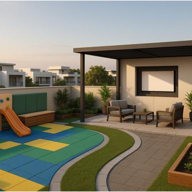 Family Friendly Activity Terrace Design for 2 Oakland Estates villa in North Bangalore.