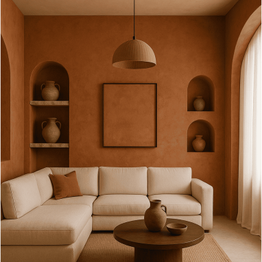 Warm Mediterranean Clay Living Room for 2 Oakland Estates villa in North Bangalore.