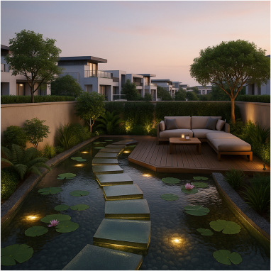 Nature-Integrated Stream Walk Terrace Design for 2 Oakland Estates villa in Devanahalli.