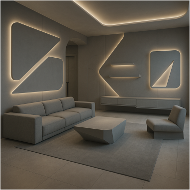 Ultra-Modern Floating Geometry Living Room for 2 Oakland Estates villa in Devanahalli