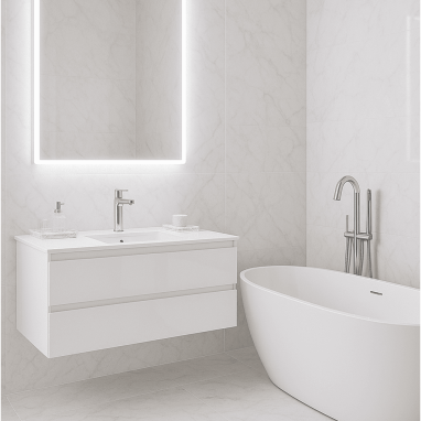 White Marble Serenity Bathroom Design for 2 Oakland Estates villa in Devanahalli