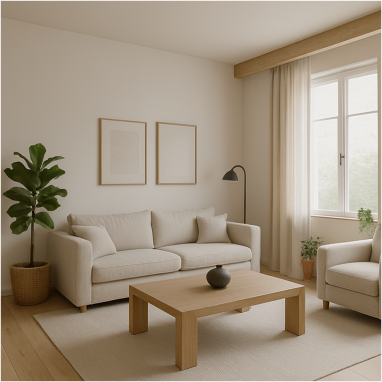 Scandinavian Minimal Warmth Living Room Plan for villa in North Bangalore