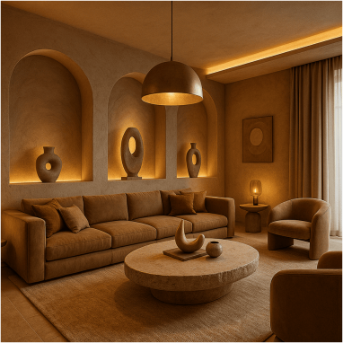 Desert Modern Opulence Living Room for 2 Oakland Estates villa in Devanahalli
