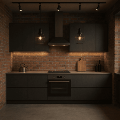 Modern Industrial Loft Kitchen Design for 2 Oakland Estates villa in North Bangalore.