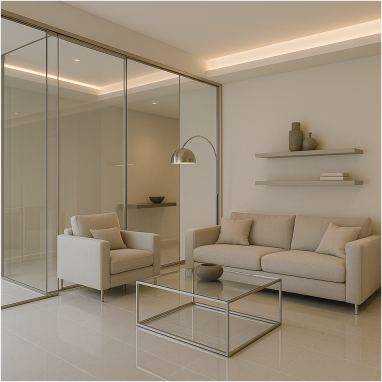 Contemporary Glass & Chrome Living Room Plan for villa in North Bangalore