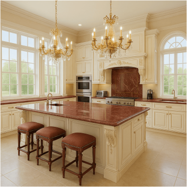 Classic European Luxury Kitchen Design for 2 Oakland Estates villa in Devanahalli.