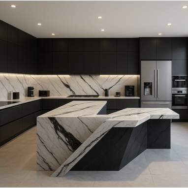 Marble-Luxe Monochrome Kitchen Design for 2 Oakland Estates villa in Bangalore.