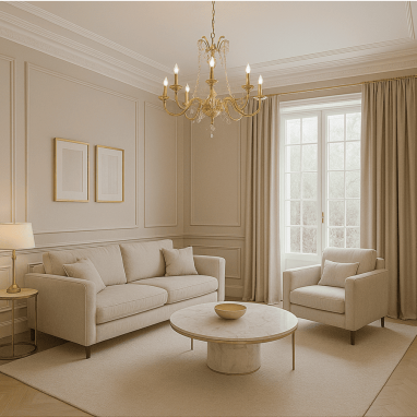 Neo-Classical Grandeur Living Room for 2 Oakland Estates villa in Devanahalli.