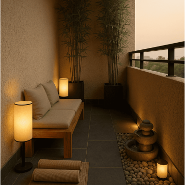Premium deck balcony with potted bamboo plants, and a small water fountain for luxury villa in devanahalli