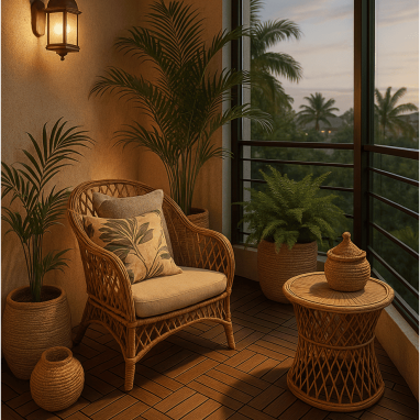Cozy villa balcony with warm ambient lighting at sunset at deamante properties