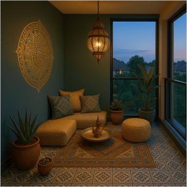 Cozy luxury villa sunset views through large windows deck balcony for premium villa in north bangalore.