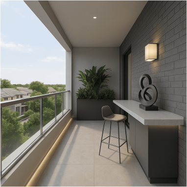 A sleek modern balcony with a minimalist desk & potted greenery for luxury villa in devanahalli