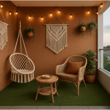 Premium look deck balcony with wicker chairs, a hanging swing, macrame wall decor for luxury villa in north bangalore