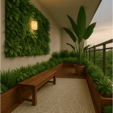 Green deck balcony in a luxury villa at 2 oakland estates with plants overlooking greenery.