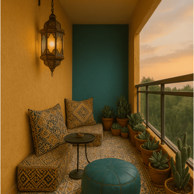 Luxury villa balcony at deamante properties in North Bangalore with patterned tiles, cozy seating, potted plants, and sunset views.
