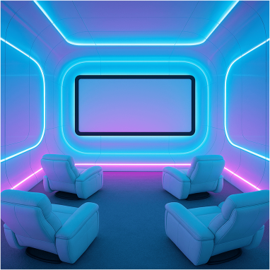 Futuristic home theatre with LED lighting and modern recliner seating in villa
