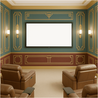 Classic luxury home theatre with elegant panelled walls and recliners for villa in devanahalli