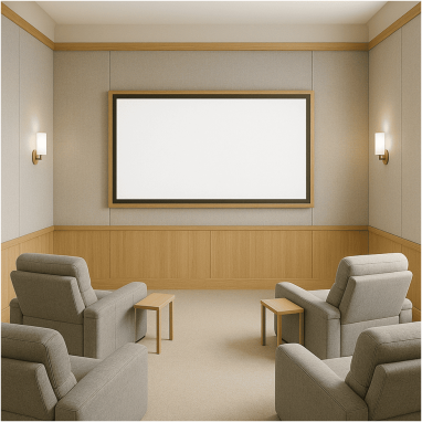 Modern home theatre with neutral tones and comfortable seating in luxury villa