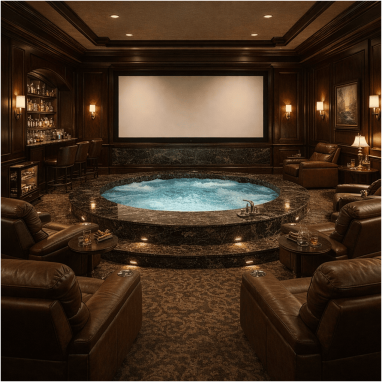 Exclusive home theatre with private bar and luxury recliner seating in villa