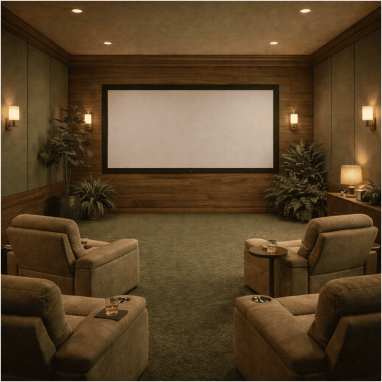 Luxury home theatre with wooden wall panels and cozy recliner seating for villa in devanahalli