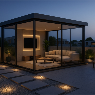 Minimalist Glass-Pavilion Terrace Design for 2 Oakland Estates villa in Devanahalli.