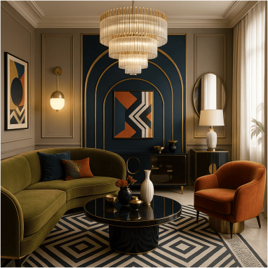 Parisian Art Deco Revival Living Room for 2 Oakland Estates villa in North Bangalore