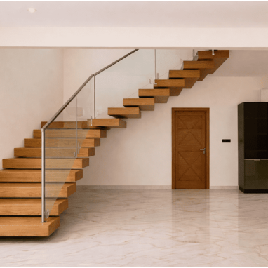 Floating timber box stair for villas in north bangalore